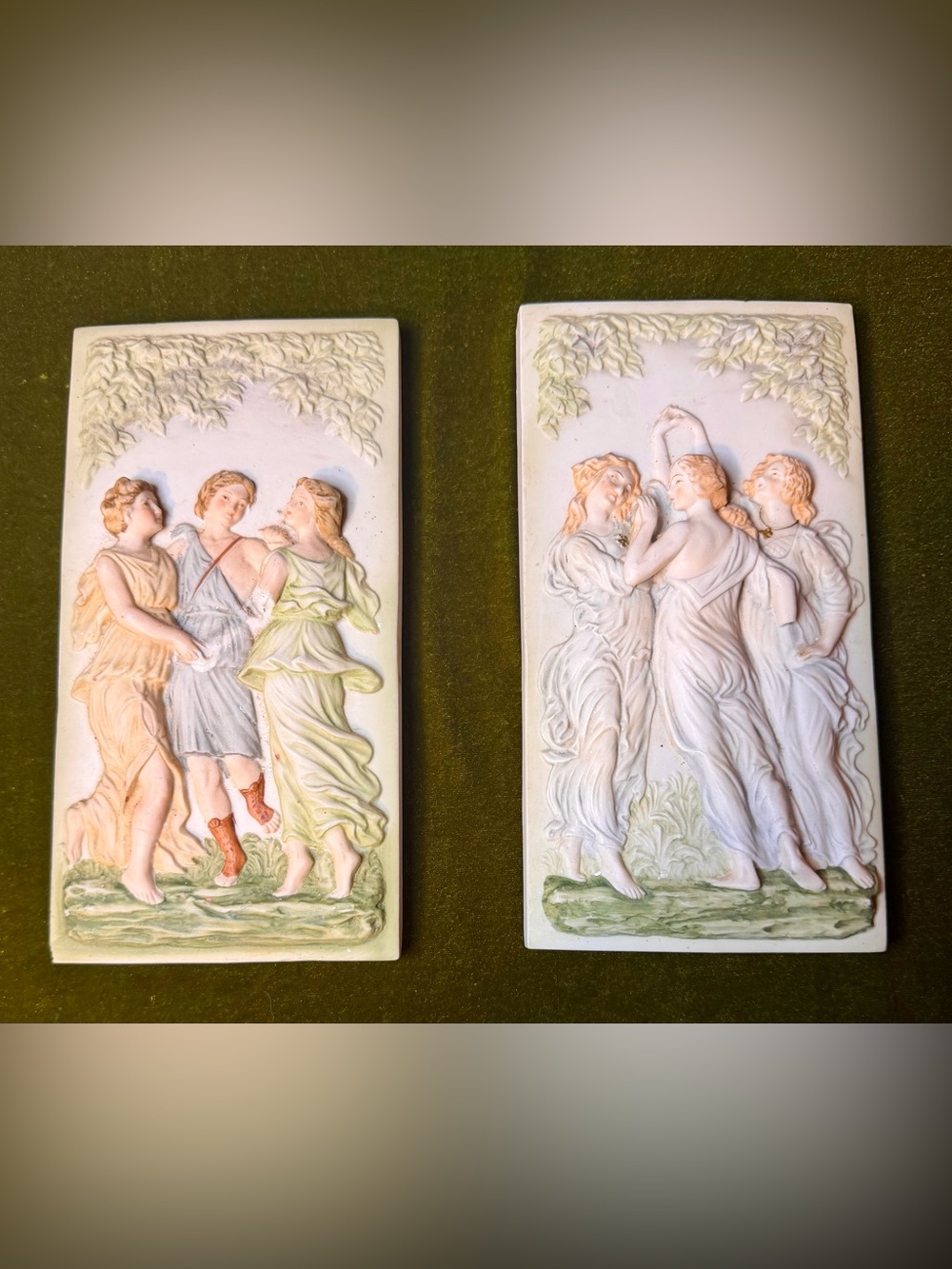 Vintage Norleans Japan Bisque Porcelain 3D Relief Wall Plaques - Set of 2